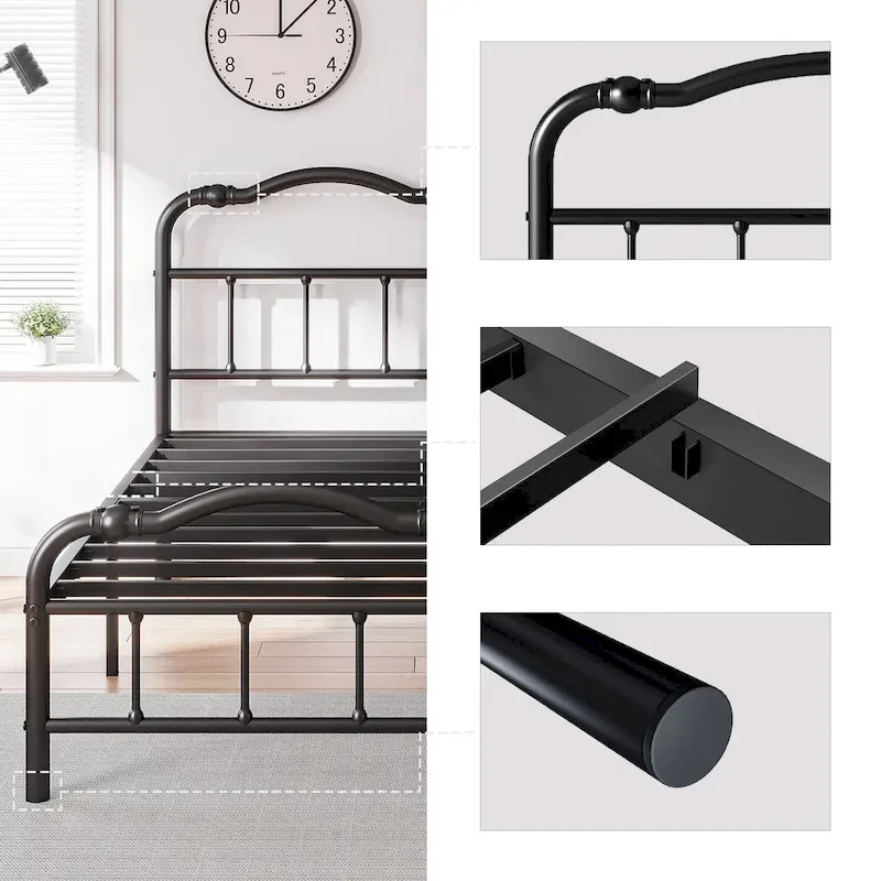 Heavy Duty Anti-Sway 18 Inch High Steel Tube Iron Bed, Double Wave Headboard And Footboard