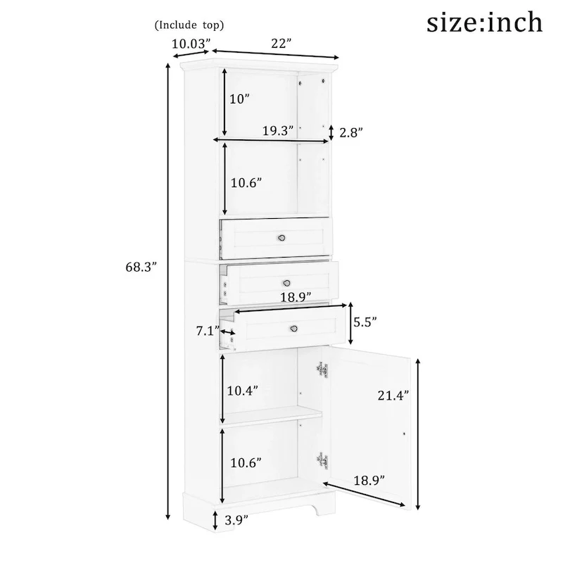 68 Tall Freestanding Bathroom Cabinet with 3 Drawers and Adjustable Shelves