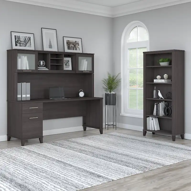 Somerset 72W Office Desk with Hutch and 5 Shelf Bookcase in Ash Gray