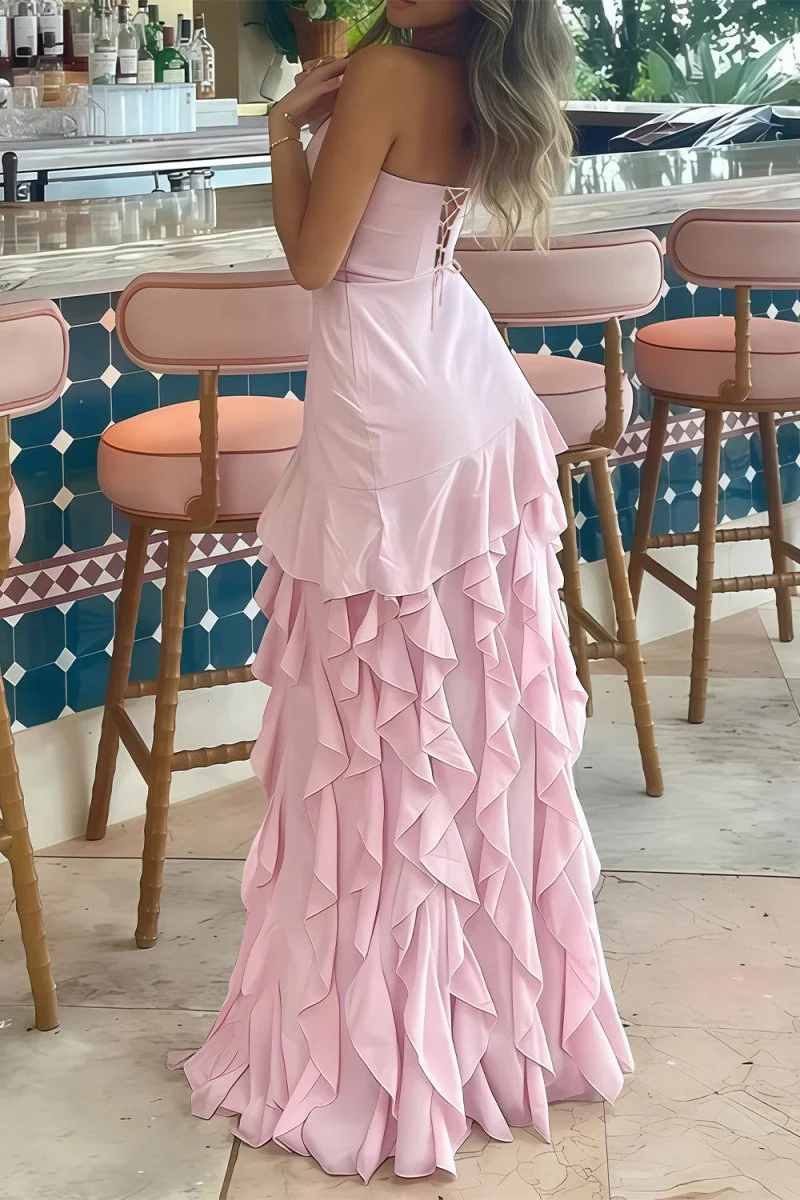 Pink Sheath Strapless Chiffon Long Prom Dresses With Ruffles