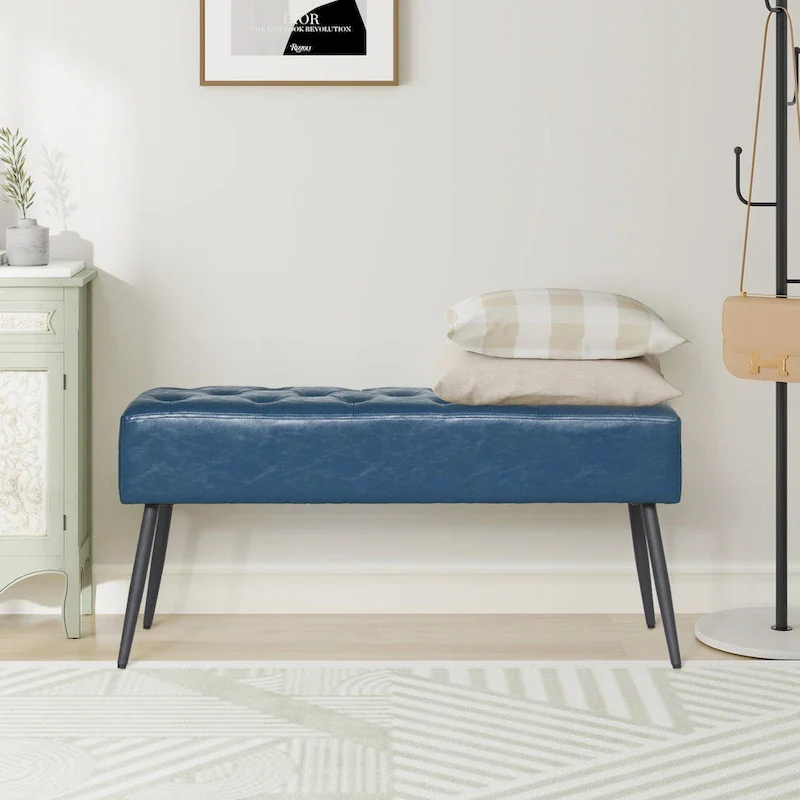 Faux Leather Upholstered Bench with Tufted Seat