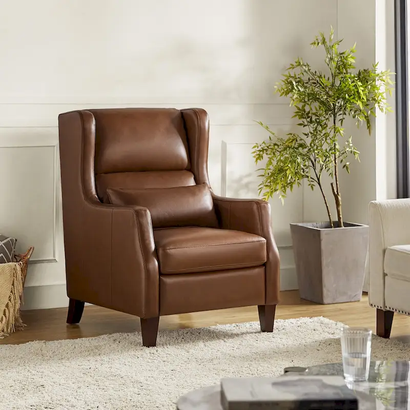 Genuine Leather Wingback Armchair with Pillow