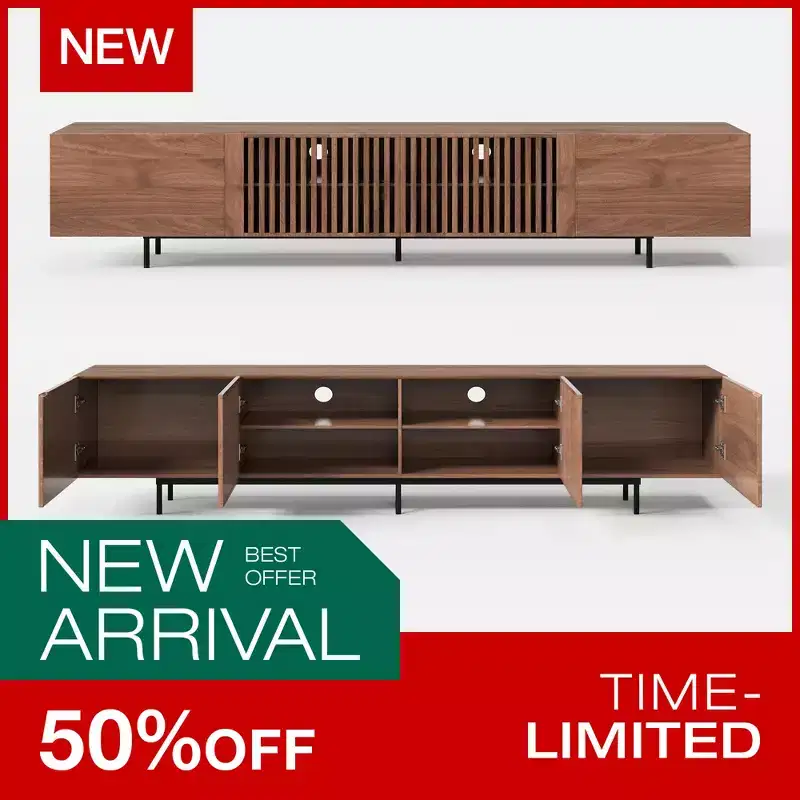 Luck Live Mid-Century Modern TV Stands 94.48 Consoles,up to100'' Media Centerw/ Cabinets & wood Doors&Metal Frame,Walnut-colored