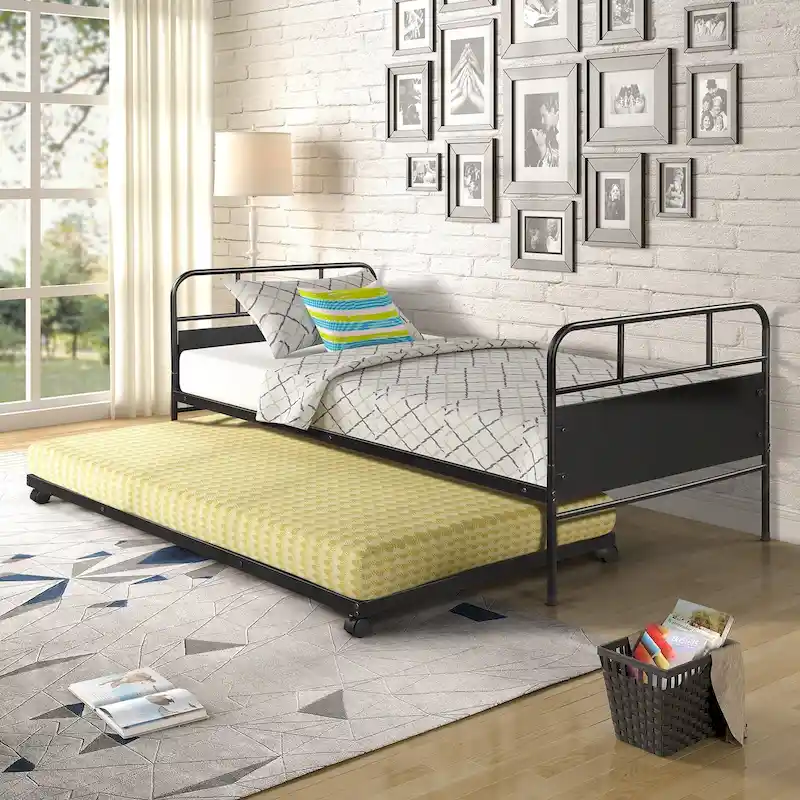 Black Metal Twin Daybed with Pull-Out Trundle, Sleeps 2
