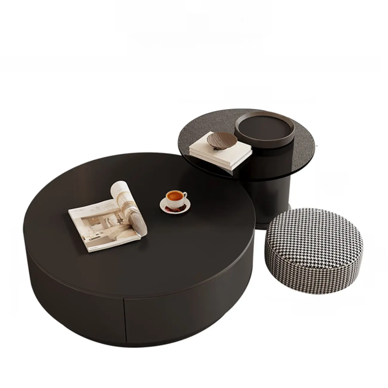 Modern Wood Round Nesting Coffee Table with 2 Drawers