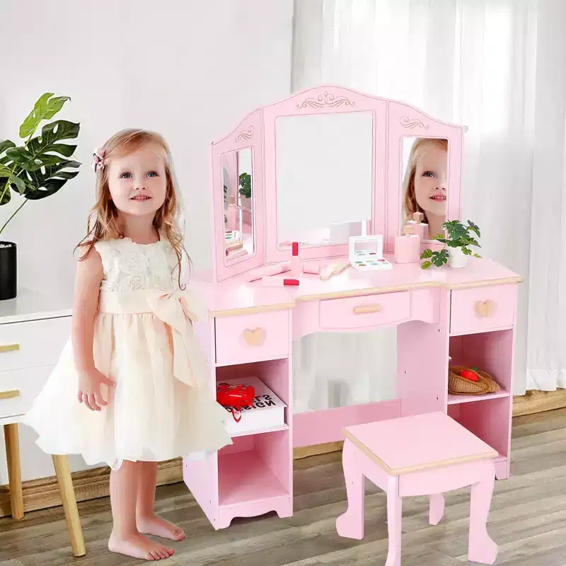 Kids Pretend Play Vanity Set with Tri-Fold Mirror, Stool & Storage - Toddler Makeup Desk for Girls 3+