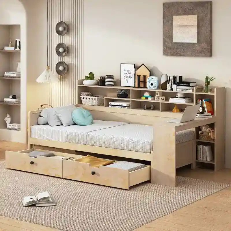 Natural / Antique White Twin Wooden Daybed with Side Storage Shelves, 2 Drawers & Foot-End Study Desk