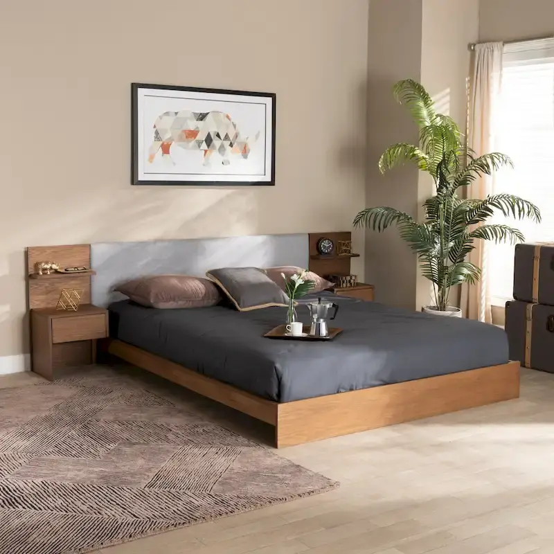 Modern Platform Storage Bed with Built-In Nightstands (Queen)