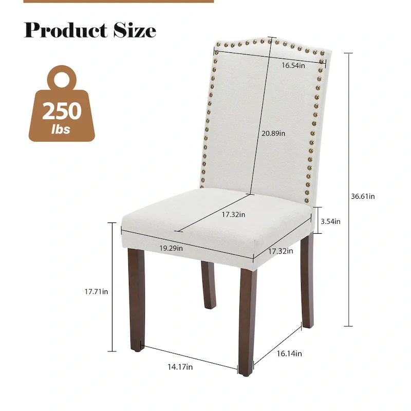 Upholstered Dining Chair Set of 2 with Nailhead Trim and Wood Legs