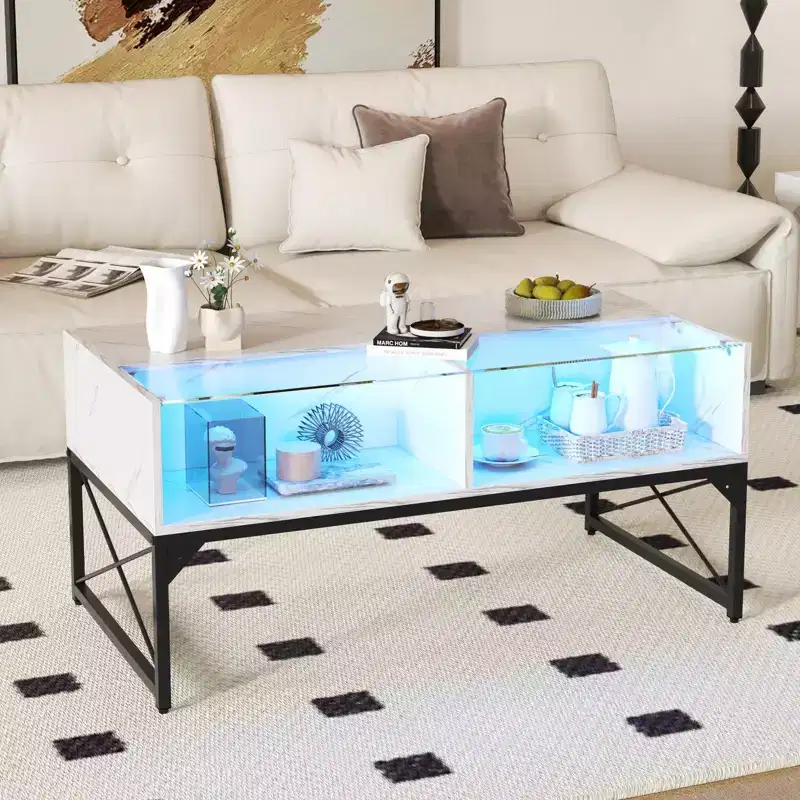 Costway LED Coffee Table with 4 Storage Cubes Faux Marble & Tempered Glass Top for Living Room White