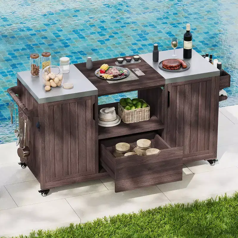 Okak Outdoor Kitchen Island with Steel Top & Rack,Solid Wood Grill Cart for Big Green Egg Grills,Storage Cabinet Dining Table