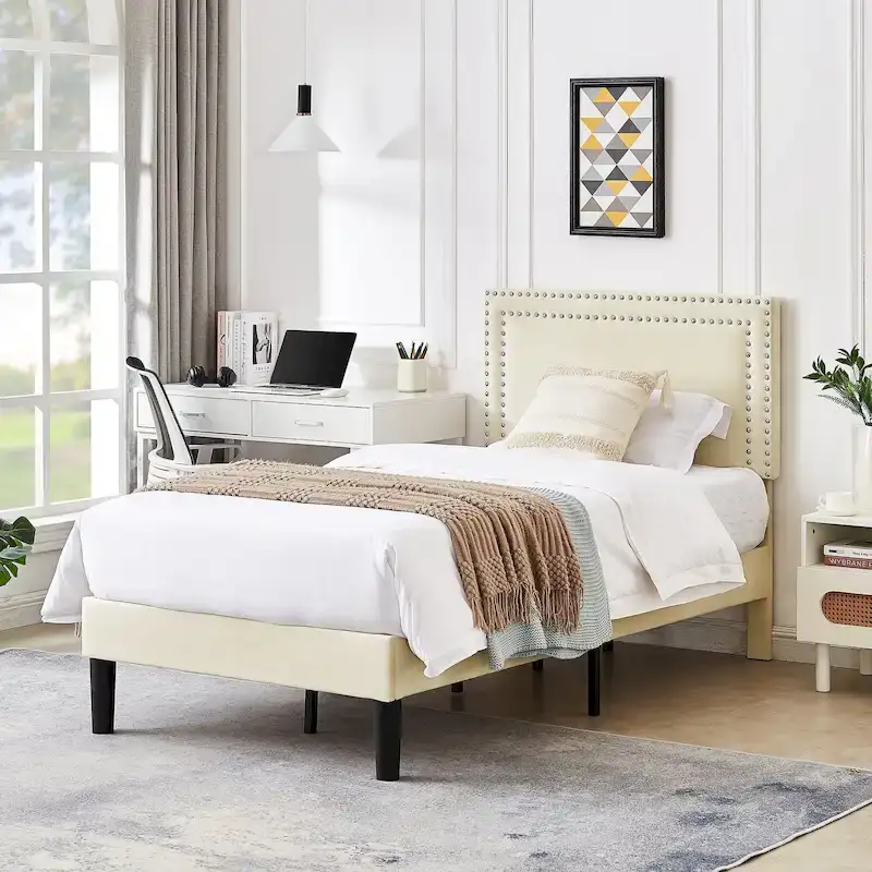 Nailhead Upholstered Platform Bed Frame with Adjustable HeadboardTwin/Full/Queen Size Beds, Beige