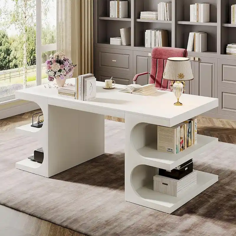 White Large Executive Desk, Single-Person, with 3 Shelves