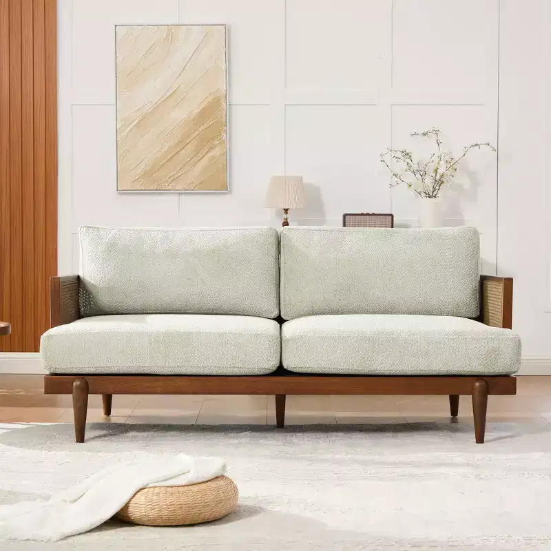 Christopher Knight Home Quince 72 Modern 3-Seater Rubberwood Velvet Upholstered Sofa with Cushion and Rattan Design