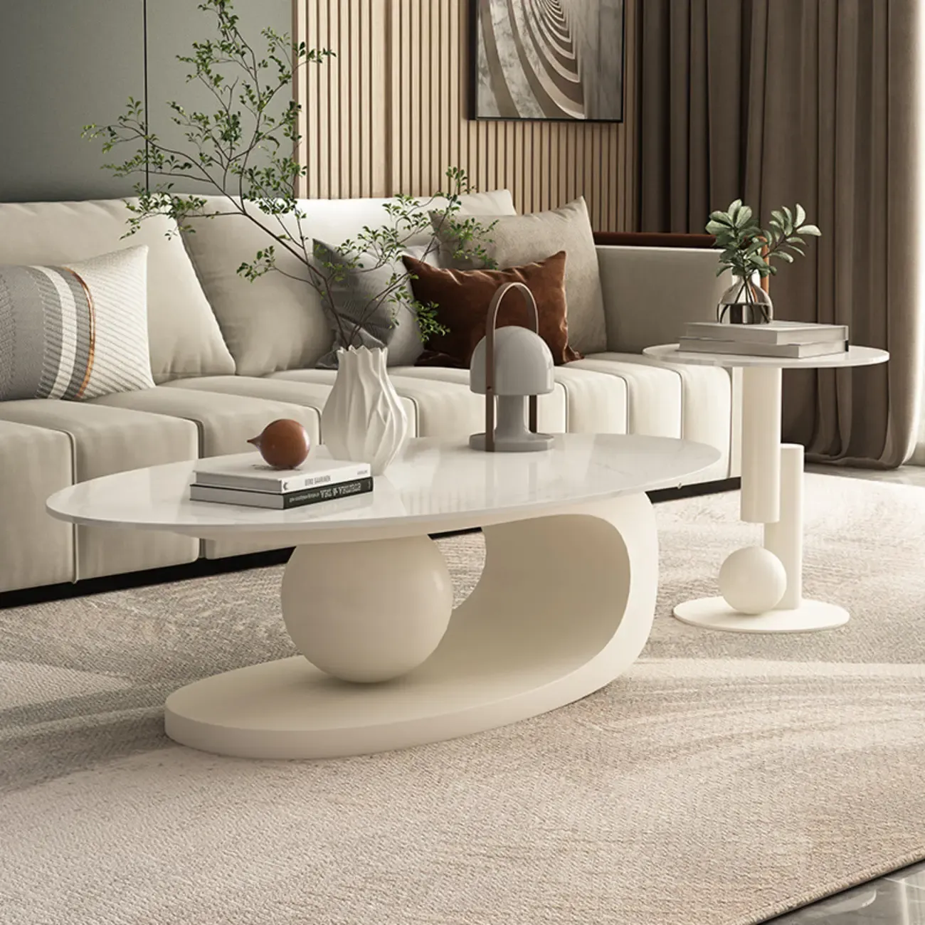 Modern Light Luxury White Oval Coffee Table with Metal Base