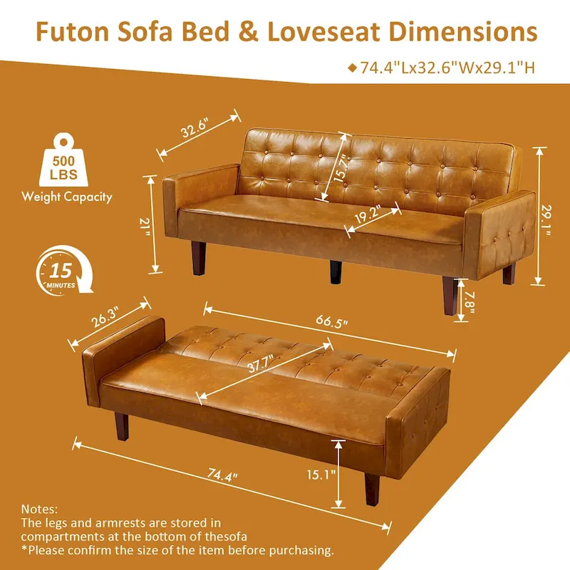 74.4 L Faux Leather Full Handcrafted Button Tufted Sofa 3-Seat, Convertible Sleeper Couch Adjustable Backrest