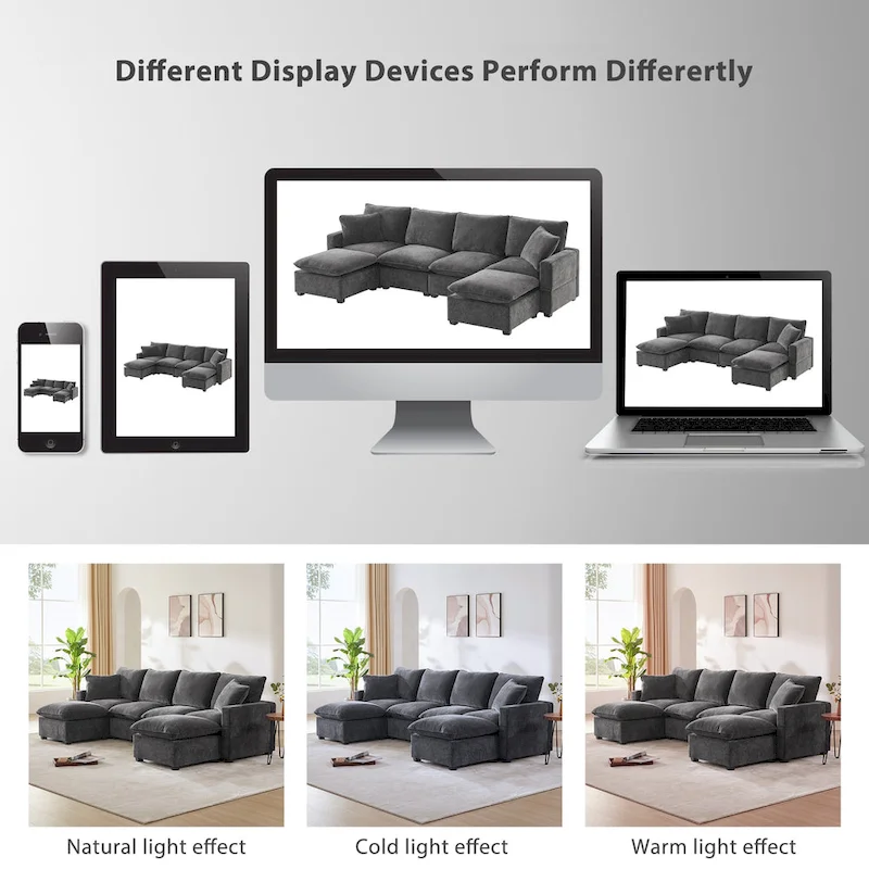 U Shape Modular Sofa, 6 Seat Chenille Deep Seat Sectional Couch