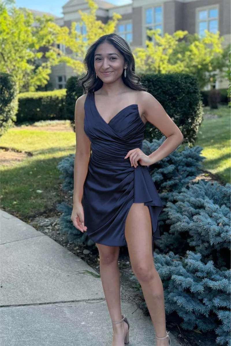 Navy Blue - One Shoulder Spandex Pleated Homecoming Dresses With Slit