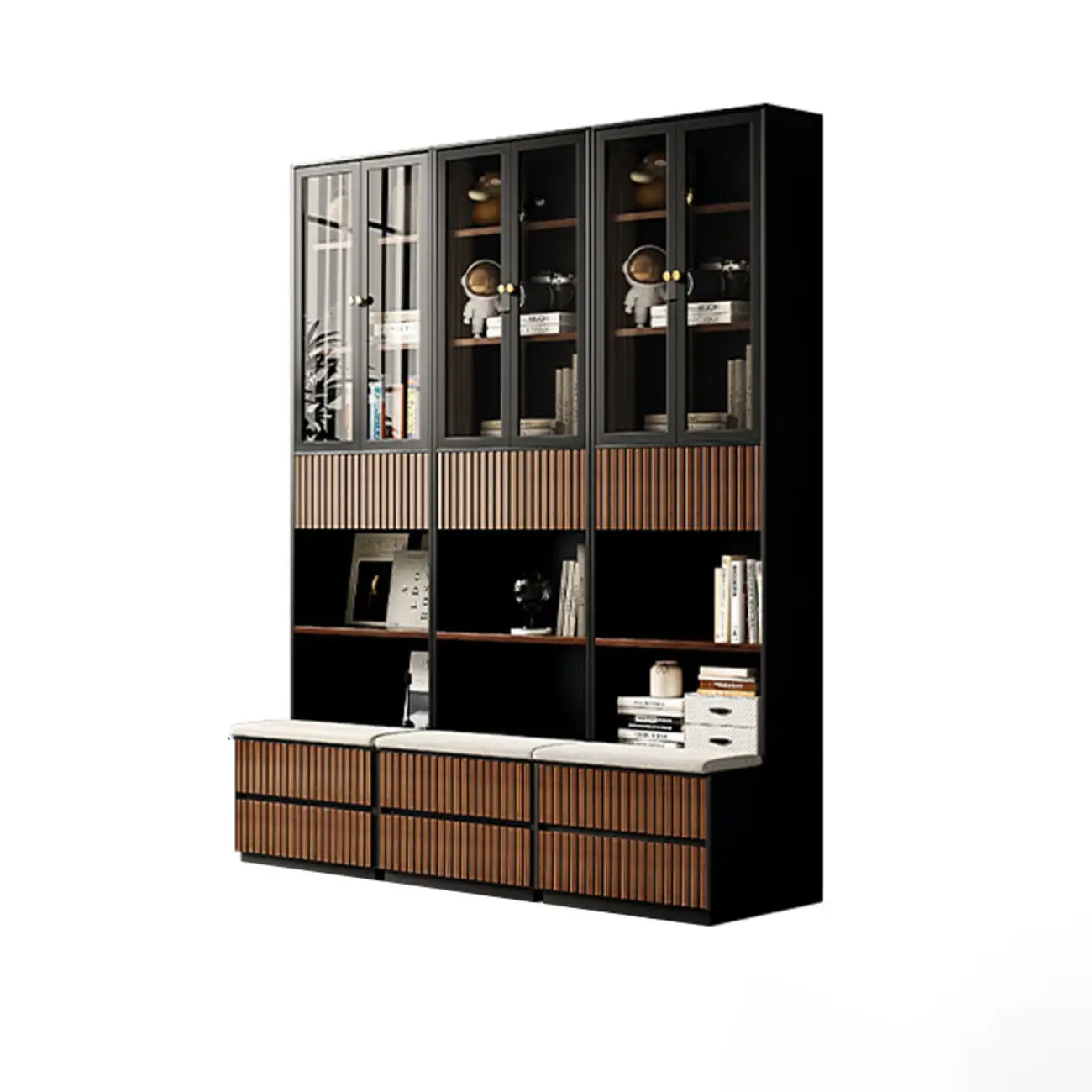 Tall French Country Display Wooden Bookcase with Cushioned Bench