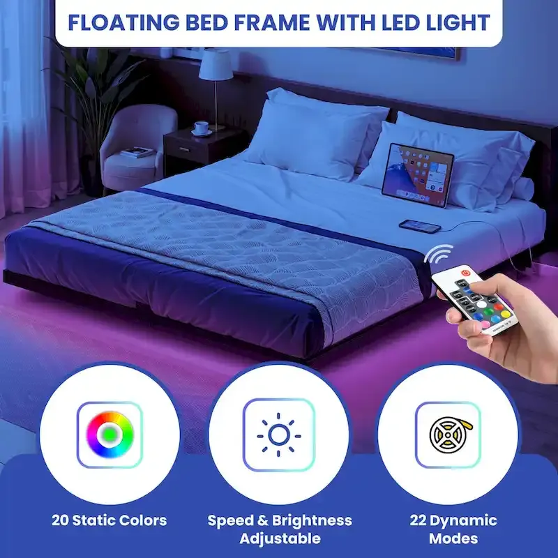Floating Bed Frame with LED Lights