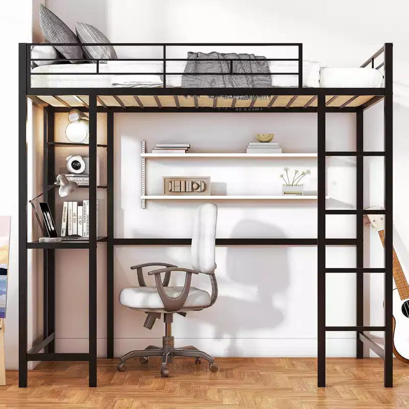 Karl Home Black Twin Loft Bed with Desk, Metal Bunk Bed No Spring Box Need