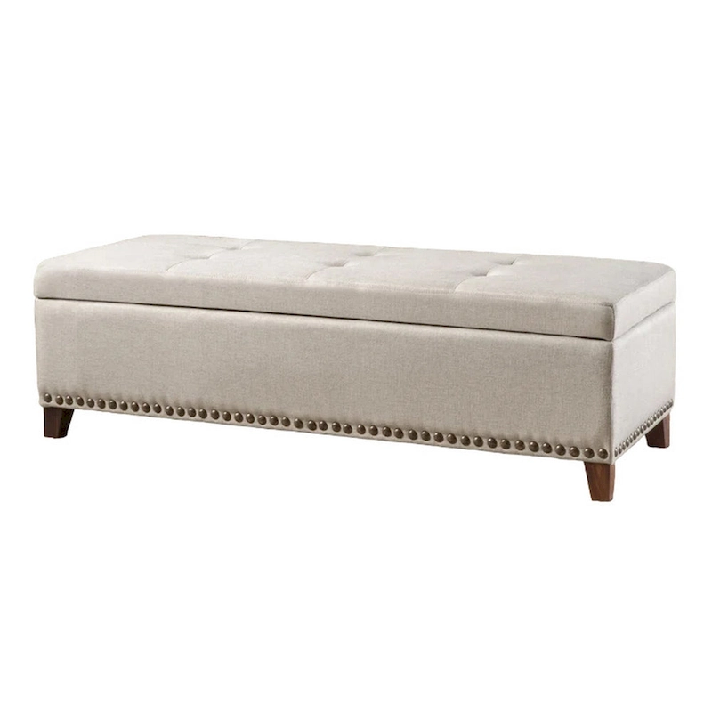 Nancy Storage Ottoman Bench, 51 Inch Beige Fabric, Brass Nailhead Trim