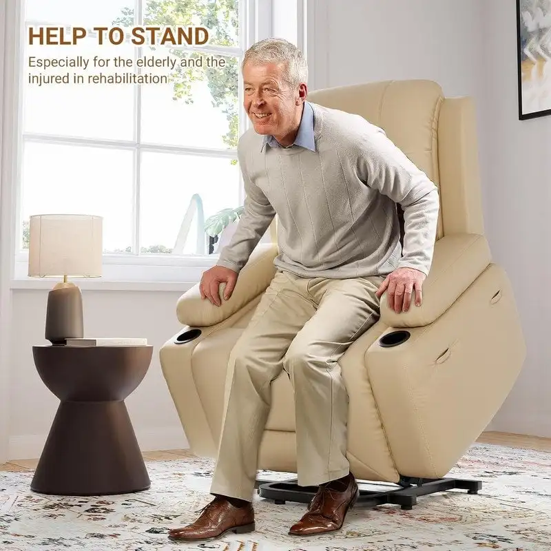 Power lift recliner chair with massage, cup holders, and side pocket.