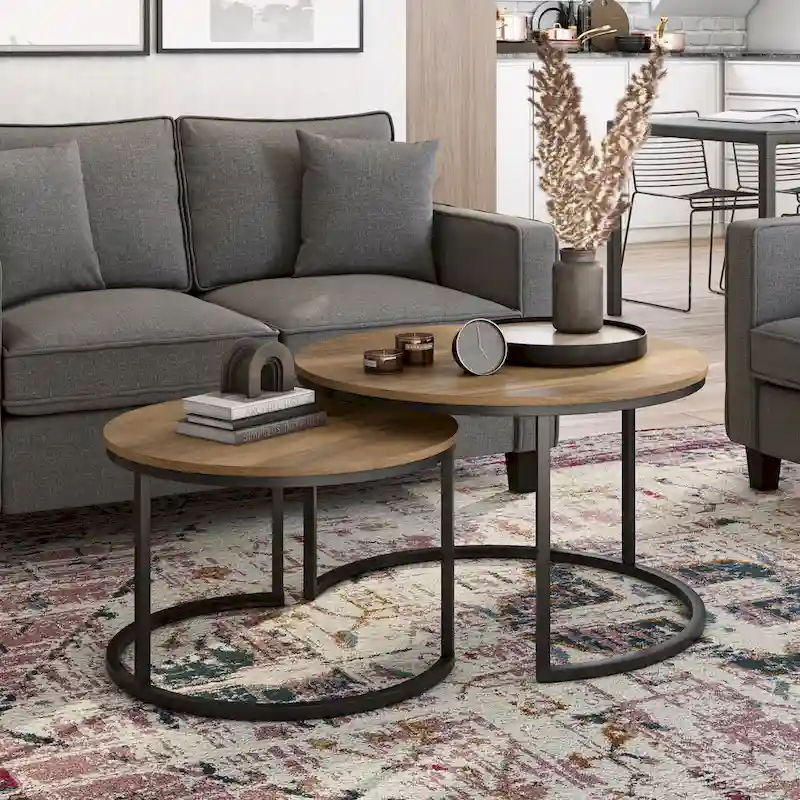 Brown round nested coffee table two-piece set