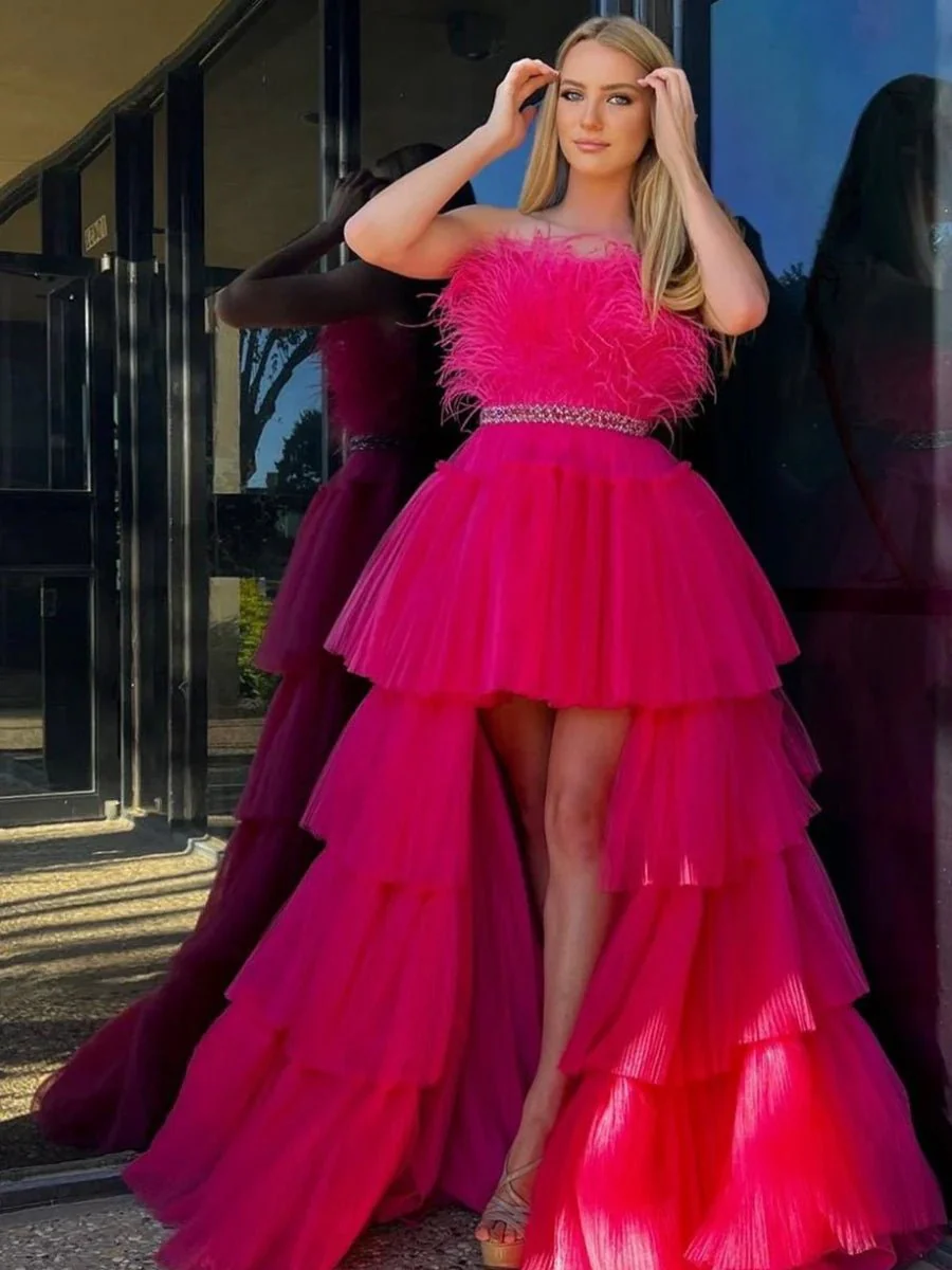 Fuchsia A-line High-Low Strapless Ruffled Tulle Prom Dress with Feathers
