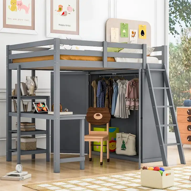 Merax Loft Bed with Wardrobe and Desk and Shelves