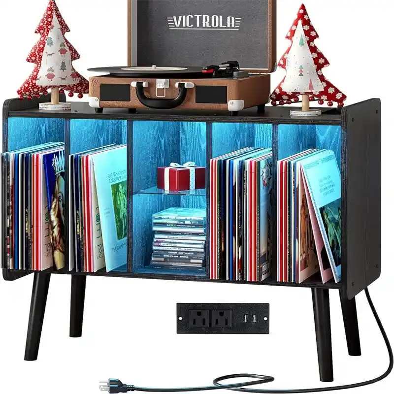 Mid-Century Modern Record Player Stand with LED Lighting