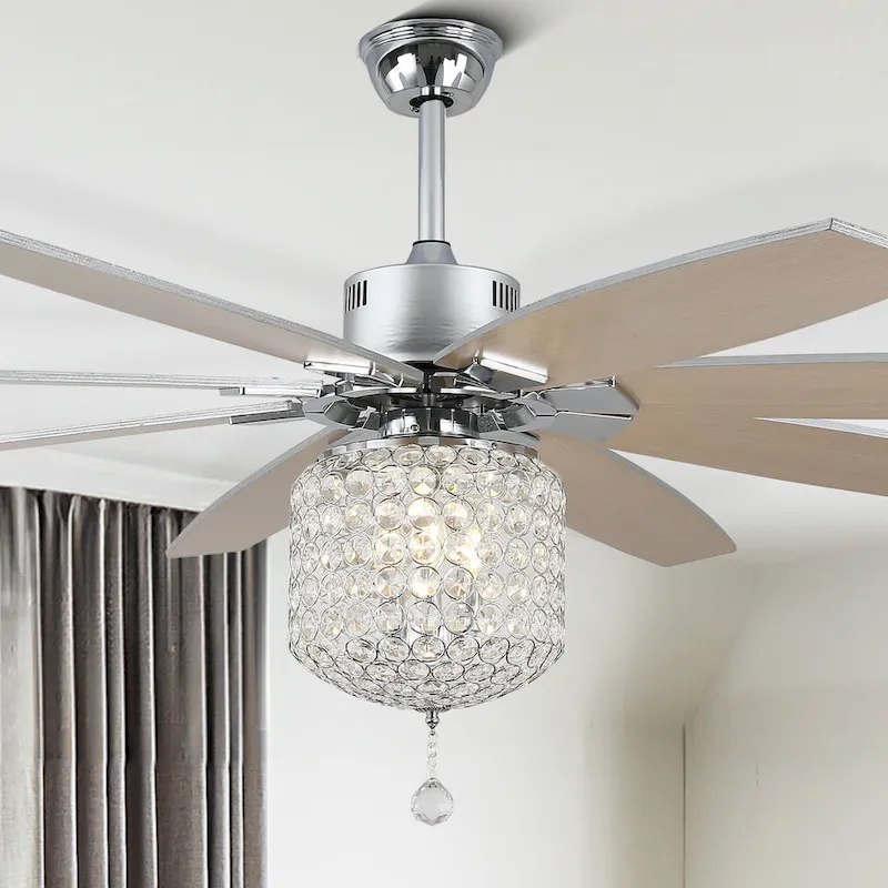 65  Large Crystal Ceiling Fan with Chorme Finish, 8-Blades 3 Lights w Crystal Shade, Quiet DC Motor w Remote Control