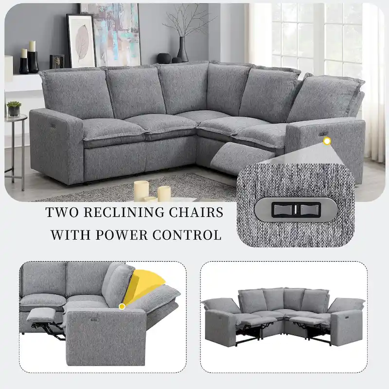 Linen L-Shaped Sectional Sofa with Power Recliners & USB