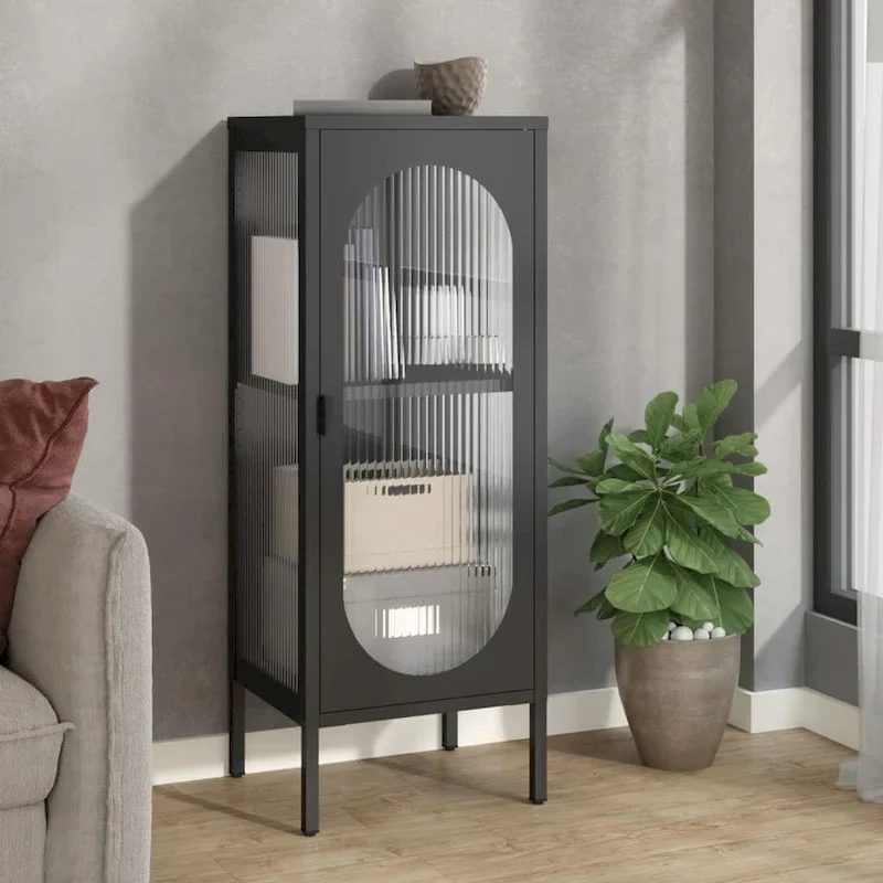 Modern Black Sideboard with Fluted Glass Doors & Steel Frame, 15.7x13.8x41.3 in