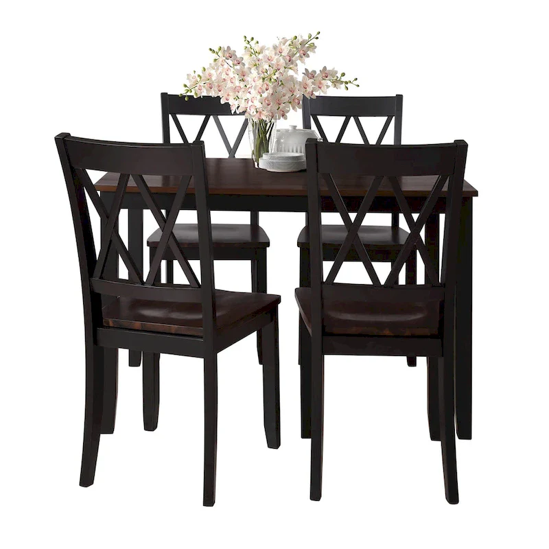 Black 5-Piece Wooden Dining Table Set with Rectangular Table & 4 Chairs