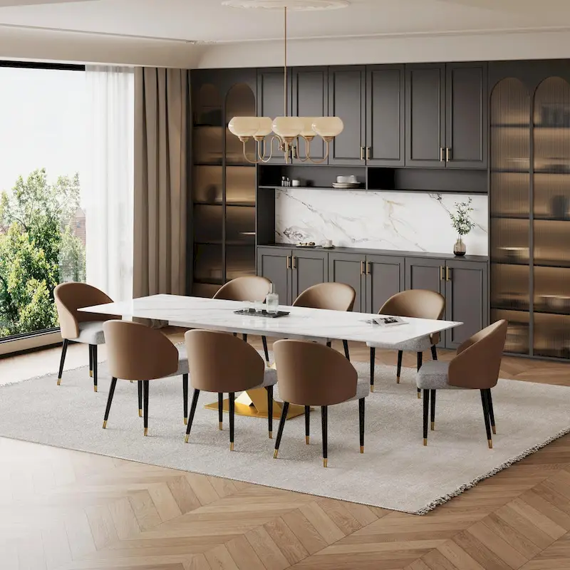 9 - Piece 94.48  Rectangular Extendable Sintered Stone Dining Table with 8 Faux leather Chairs Dining Set