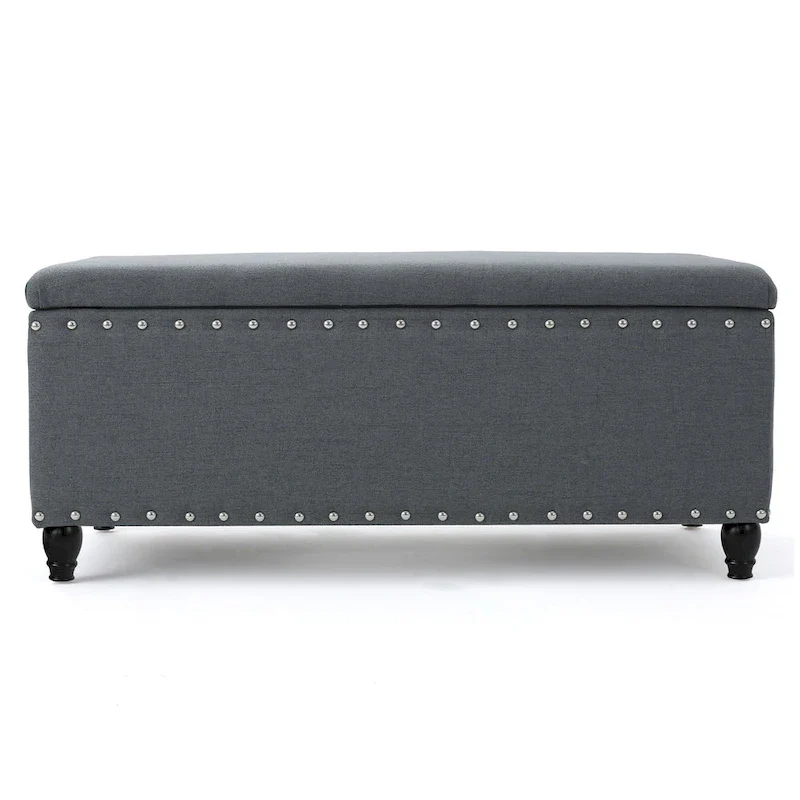 Sharon Storage Ottoman Bench, Dark Gray Fabric, Nailhead Trim, 42 Inch