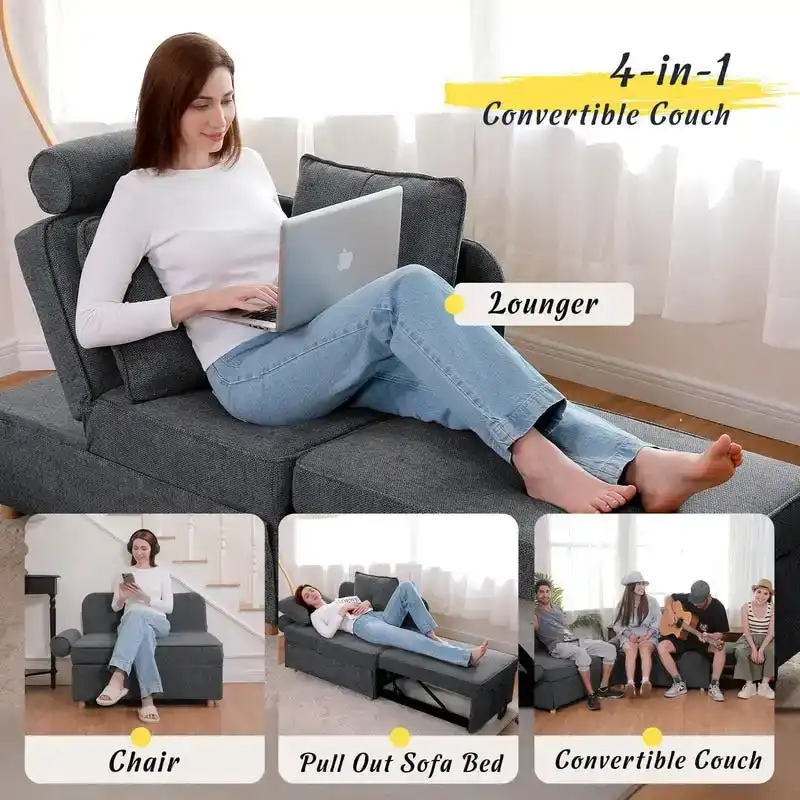 Hansabenne 4 in 1 Multi-Function Folding Sofa Folding Bed Single Futon Couch Guest Bed with 2 Throw Pillows