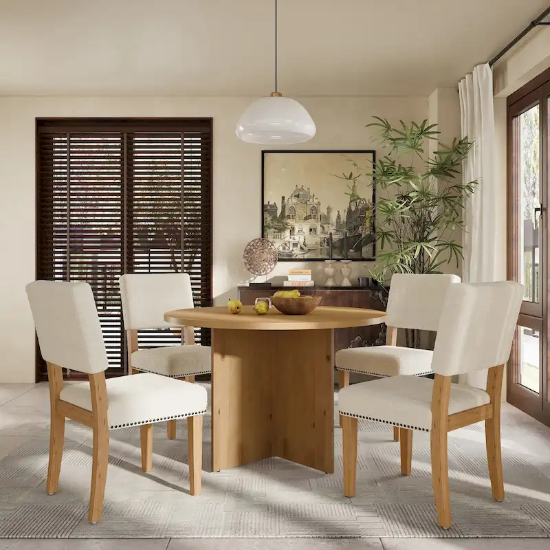 Farmhouse Style 5-Piece Wooden Dining Set with Round Table and 4 Lambswool-like Fabric Upholstered Chairs