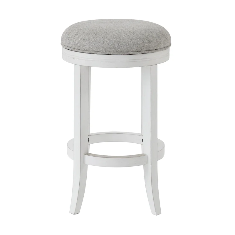 New Ridge Home Goods Avery White Wood Backless Swivel Bar Stool, Gray Fabric Seat
