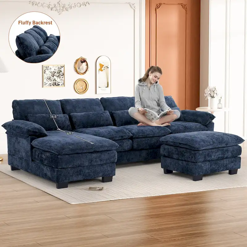 Soft Chenille Fabric U-Shaped Sectional Sofa with Double Layer Cushion