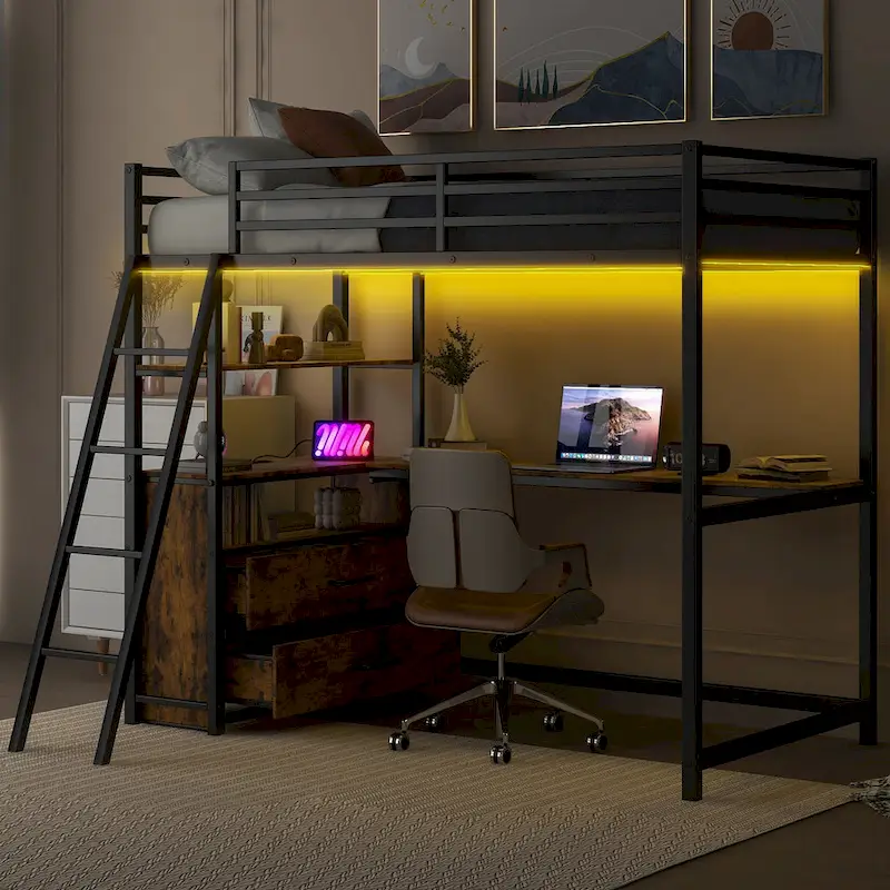 Black Twin Loft Bed with Desk, Drawers & LED Light, 1-Person