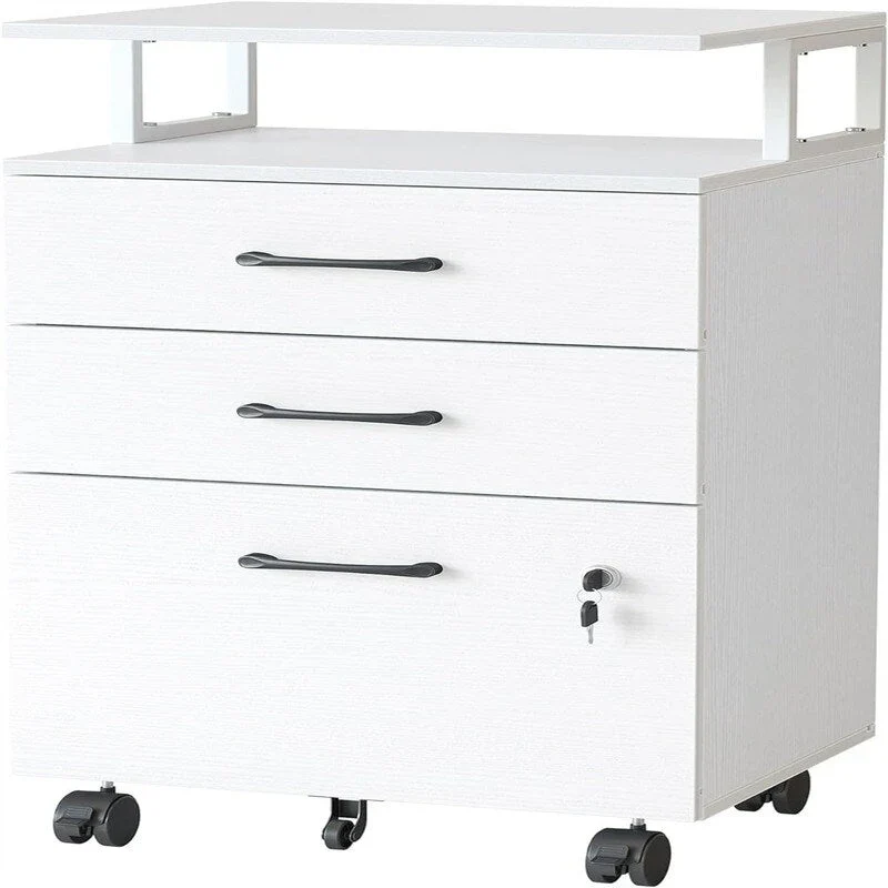 Black / White / Rustic Brown 3-Drawer Rolling Filing Cabinet with Lock – Single