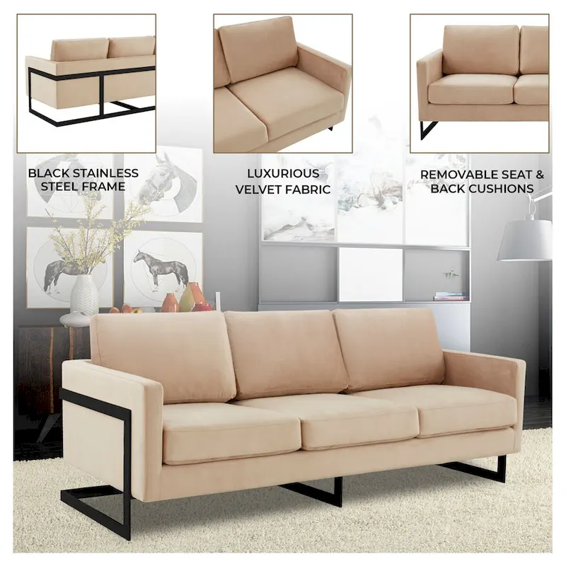 Leisuremod Lincoln 3-Seater Upholstered Velvet Sofa with Black Stainless-Steel Base