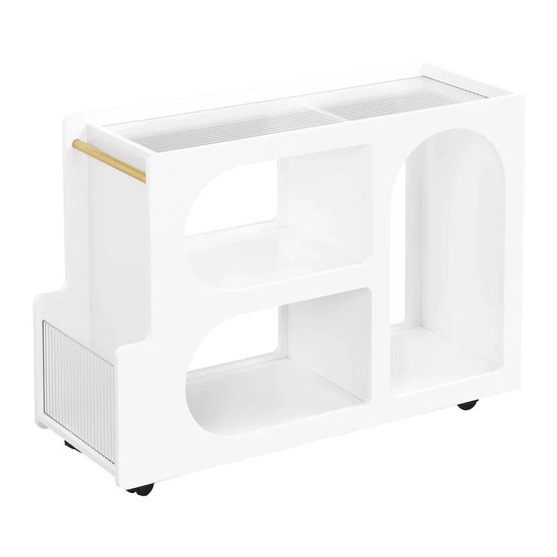 31.5  Modern Mobile End Table with 5mm Thick Fluted Tempered Glass, Lockable Wheels and Golden Round Rod