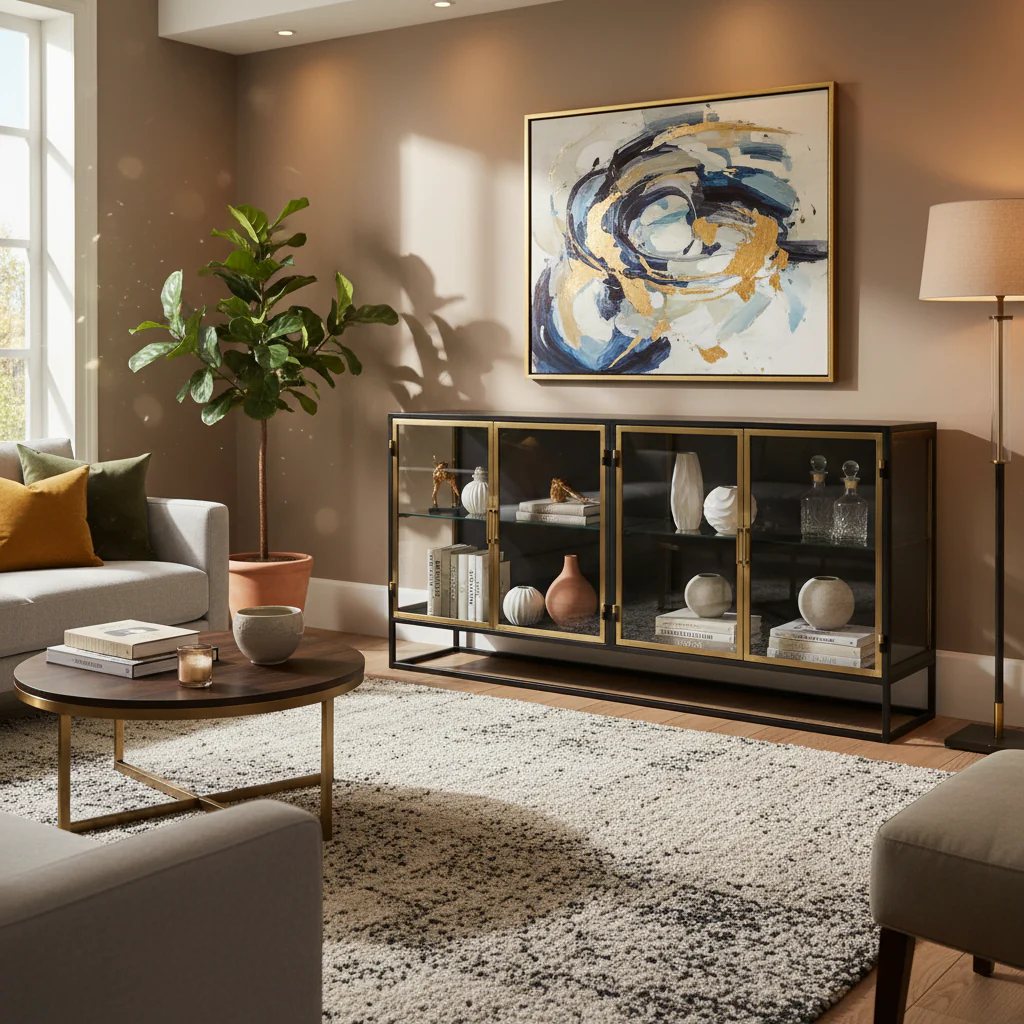 Black Gunmetal & Antique Brass 4-Door Iron & Glass Sideboard – 1-Piece
