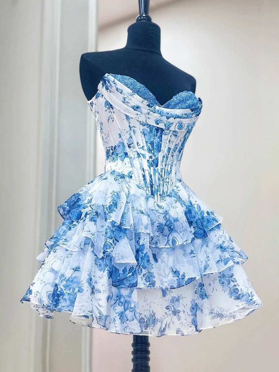 Sky Blue - A Line Sweetheart Floral Chiffon Corset Ruffled Homecoming Dresses