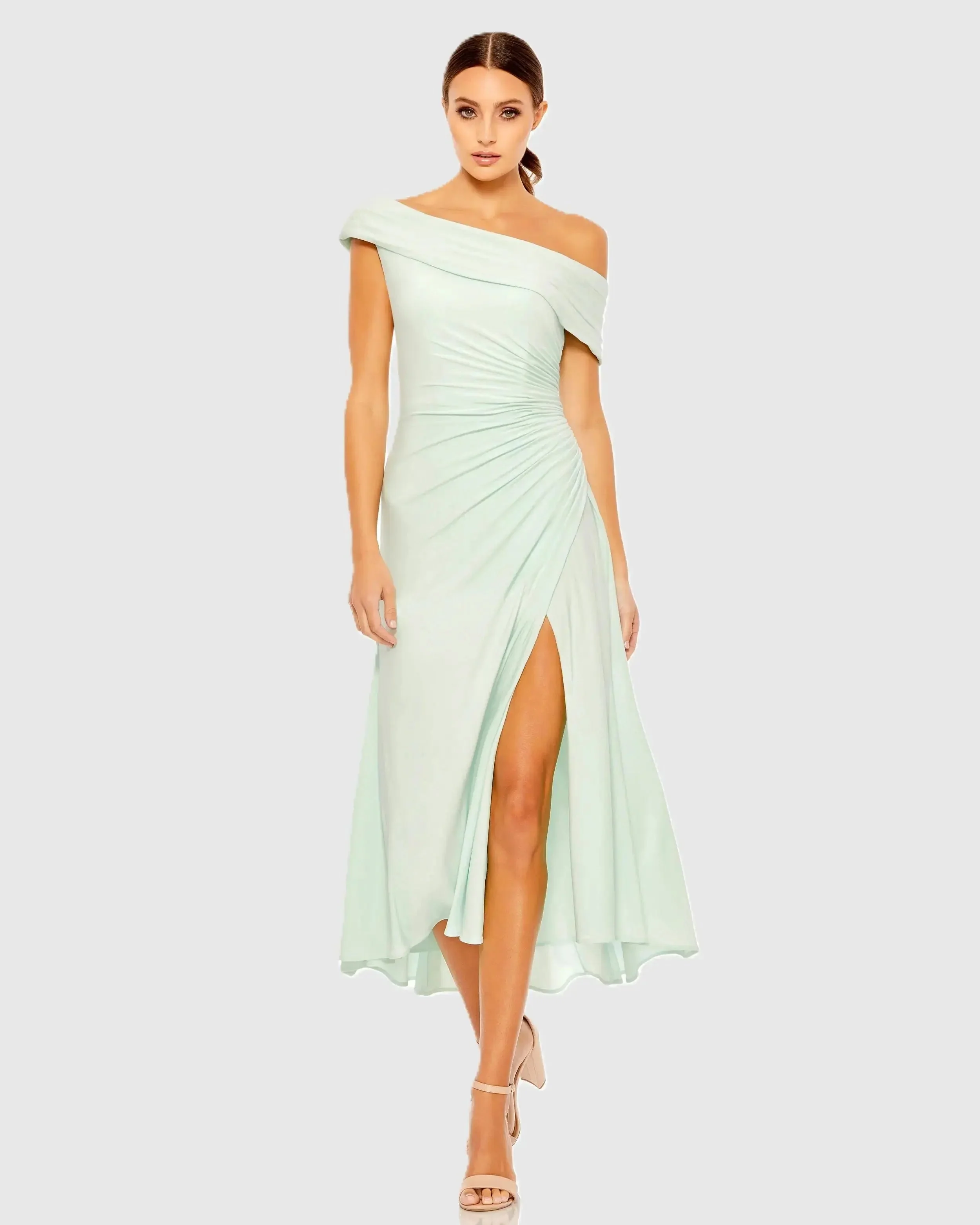Green Ruched Off-The-Shoulder Midi Dress