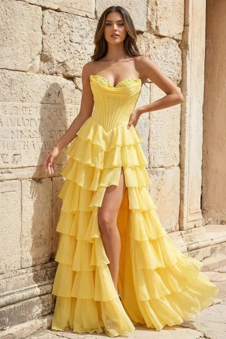 Strapless A-Line Ruffle Long Prom Dress With Split