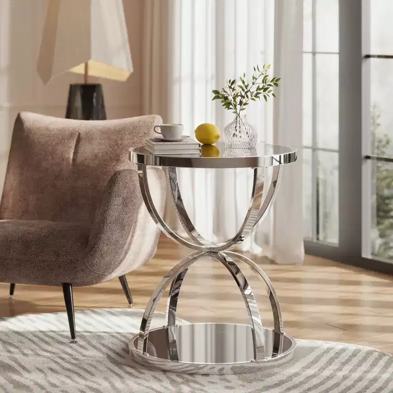 GDFStudio Leda 19.69'' Modern Glass Side Table with 2 Tiers, Ring-Shaped Frames